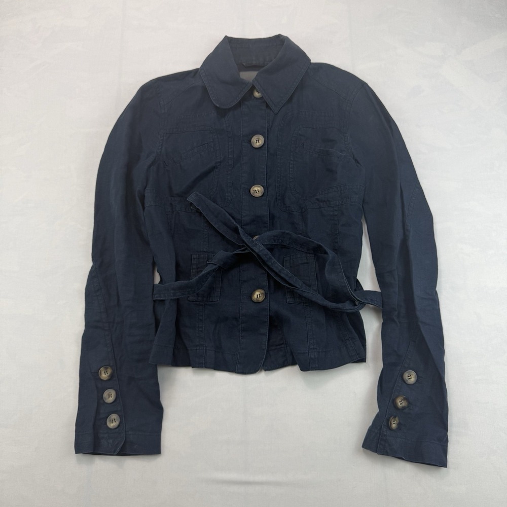 Mexx Utility Jacket Womens 6 Blue Linen Workwear Collared Tie Waist Button Front